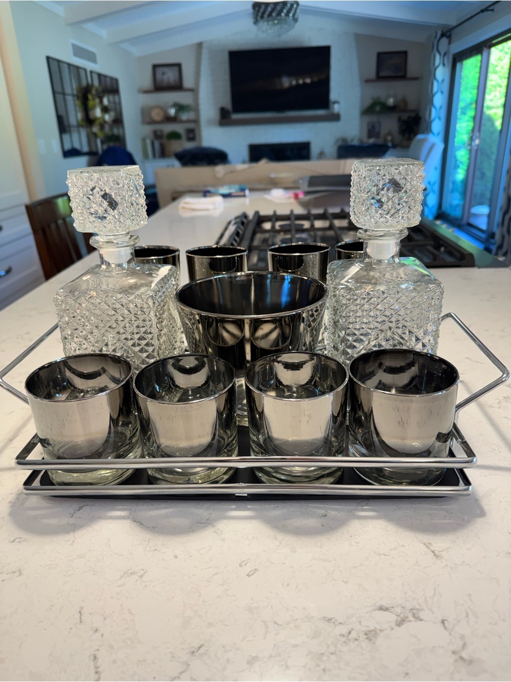 1950s Queens Lusterware Silver Fade Design 12pc Glass Bar Set RARE